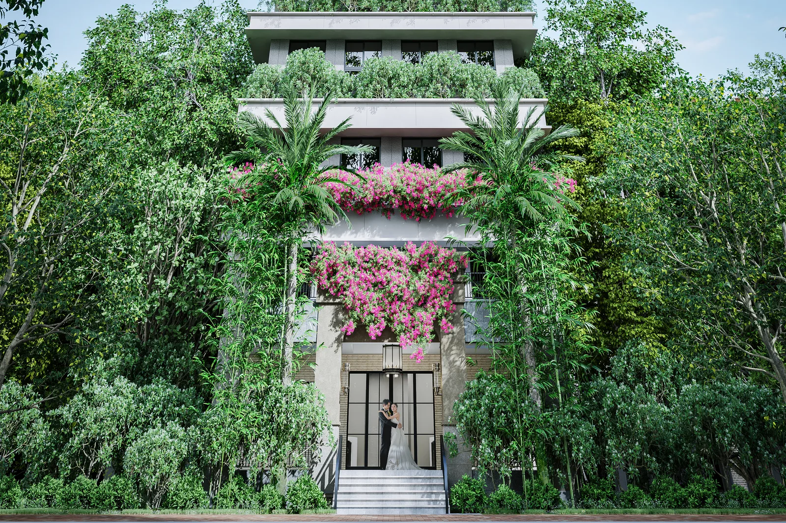 Couple at the entrance of THE CLASSICA GOEN, under the planted facade in Tenjin